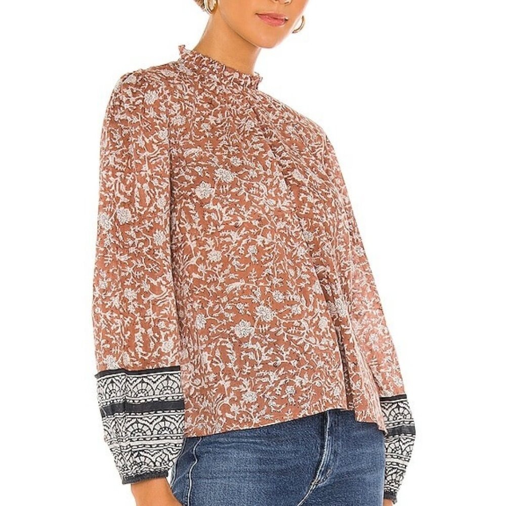 Cleobella Nasir Raja Floral Blouse Large Ruched Neck Cotton Boho Luxe Top - Picture 5 of 17